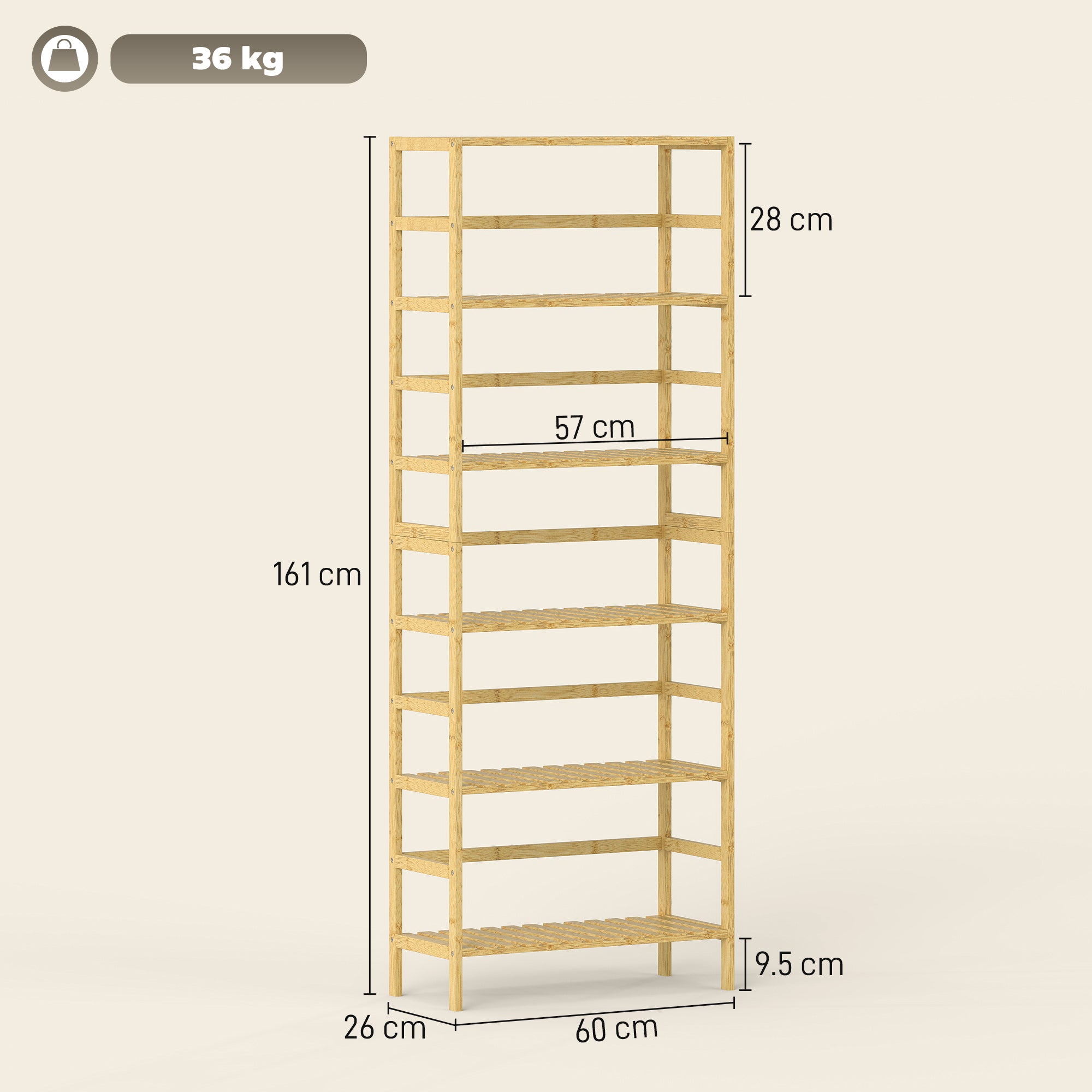 Scaffale Autoportante 60x26x161 cm a 6 Livelli con Ripiani Regolabili in Legno di Bambù Legno Naturale