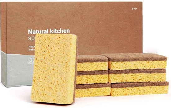 Spongia naturale per cucina, non abrasiva, sostenibile, senza plastica, decomponibile in compost, fibre naturali, amiche del ambiente, biodegradabile, vegana, confezione da 5 pezzi