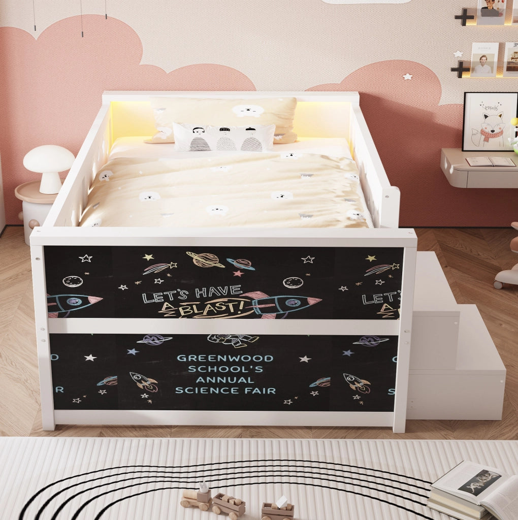 Letto multifunzionale per bambini 90 x 200 cm bianco con LED, lavagna e cassetti
