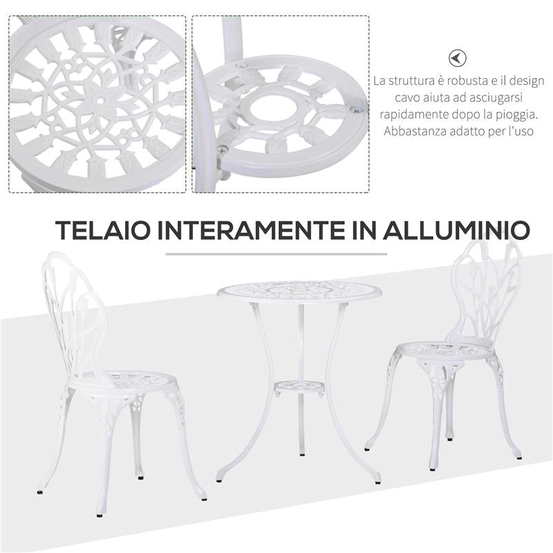 SET DA GIARDINO 3 PEZZI IN ALLUMINIO CON 2 SEDIE 42.5X47.5X89 CM E TAVOLINO ROTONDO Ø60X67 CM, BIANCO