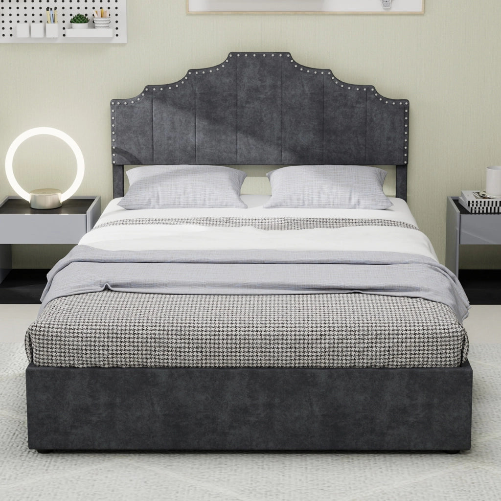 Letto Contenitore Matrimoniale 160x200 cm; con Testiera Geometrica in Tessuto; Grigio