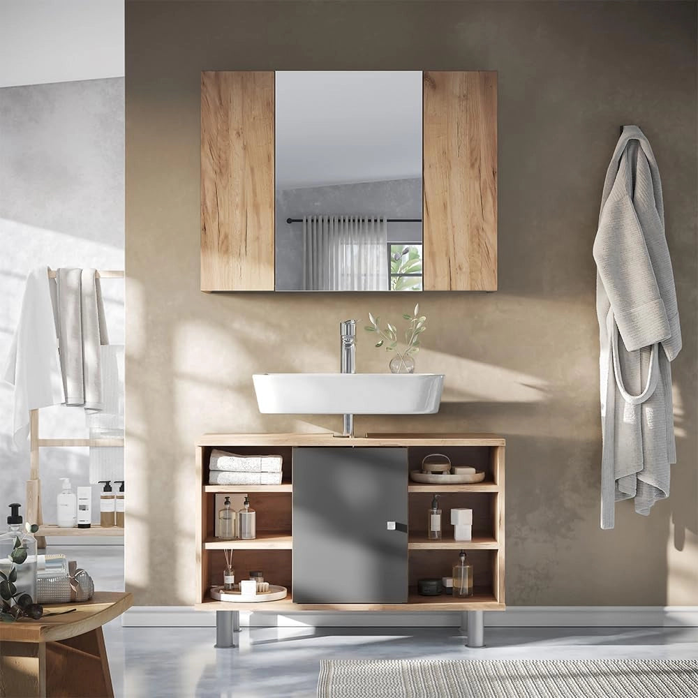 Specchio contenitore bagno Leopold, Quercia dorata, 80 x 59.2 cm con ripiani, che trova posto in ogni bagno