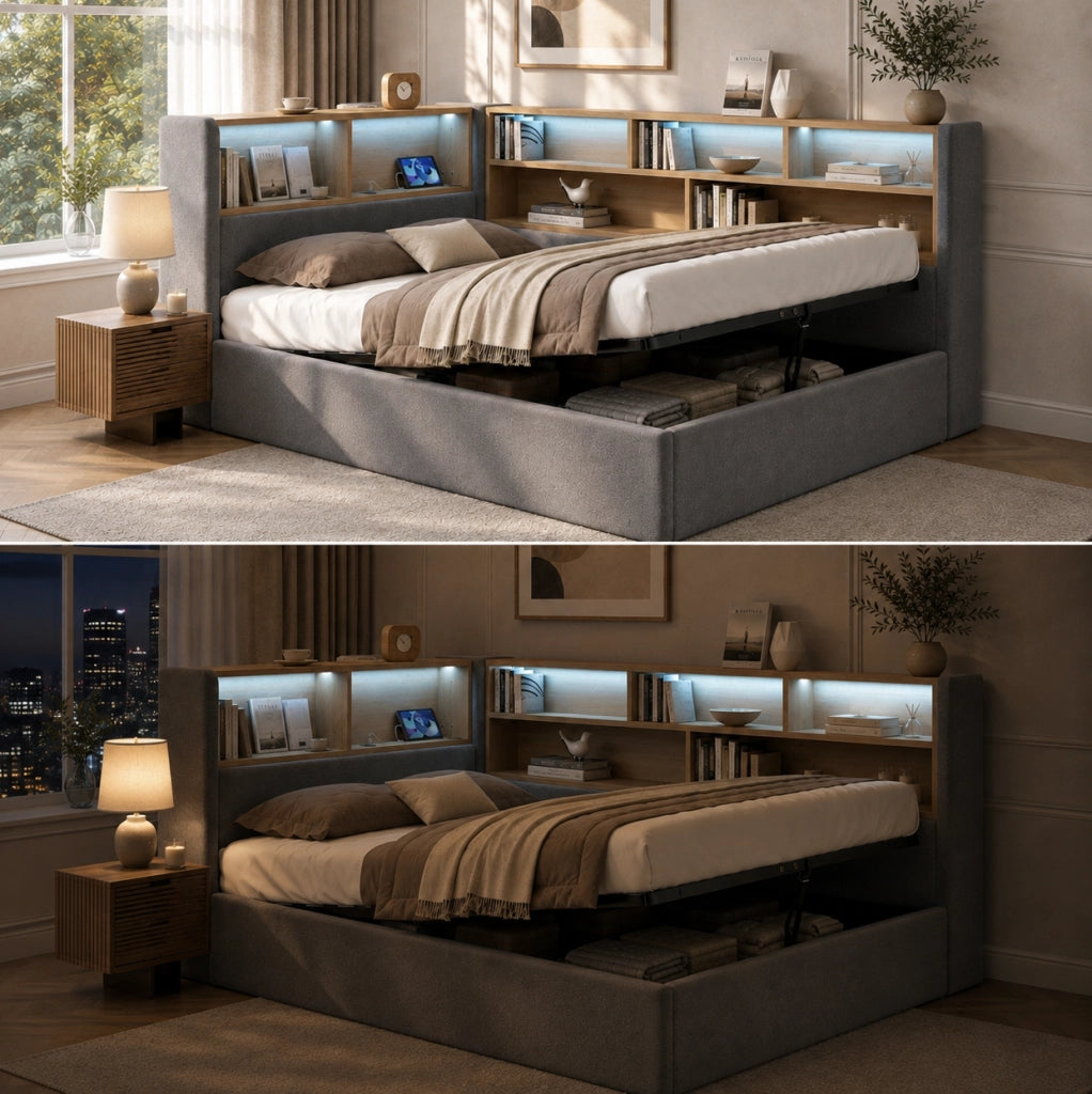 Letto imbottito in velluto grigio con LED, USB-C e contenitore