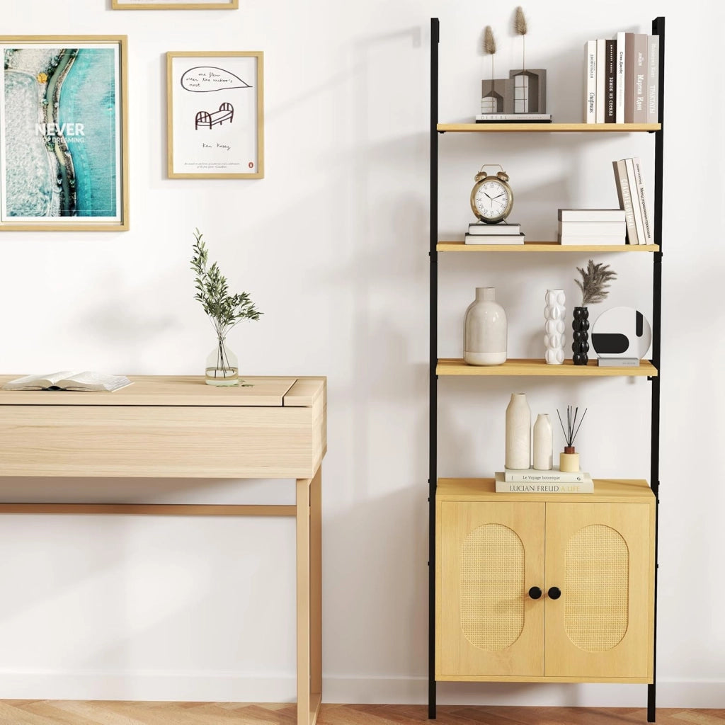 Libreria contro parete, scala con 4 ripiani e armadio con ante in rattan, mensola da parete in metallo e legno, scaffale da parete per scale (60 x 30 x 184 cm)