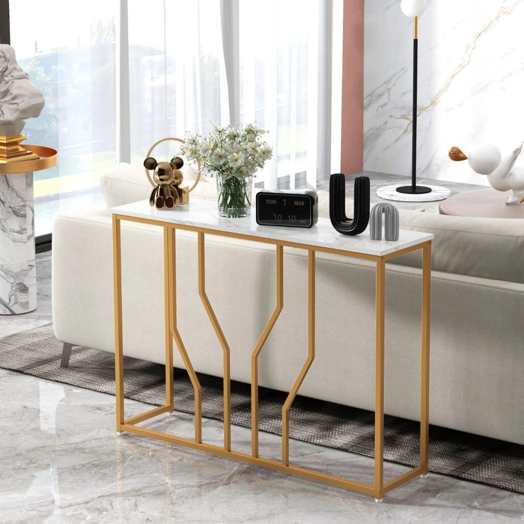 Tavolino consolle finitura dorata da 110cm con piano effetto marmo struttura metallica, Tavolo da ingresso Bianco-Consolle