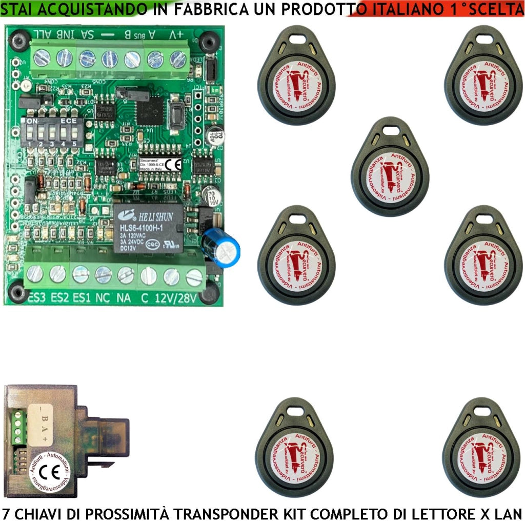 Trasponder Chiave di Prossimità 7 Chiavi TAG Lettore Modulo LAN Universale 501 RJ45 Alimentazione 12/24 Vac Relè Contatto C.NC.NA 2 A a 24 V Funzione Impulsiva o Stabile Segnale di Stato 4 Led GRVB