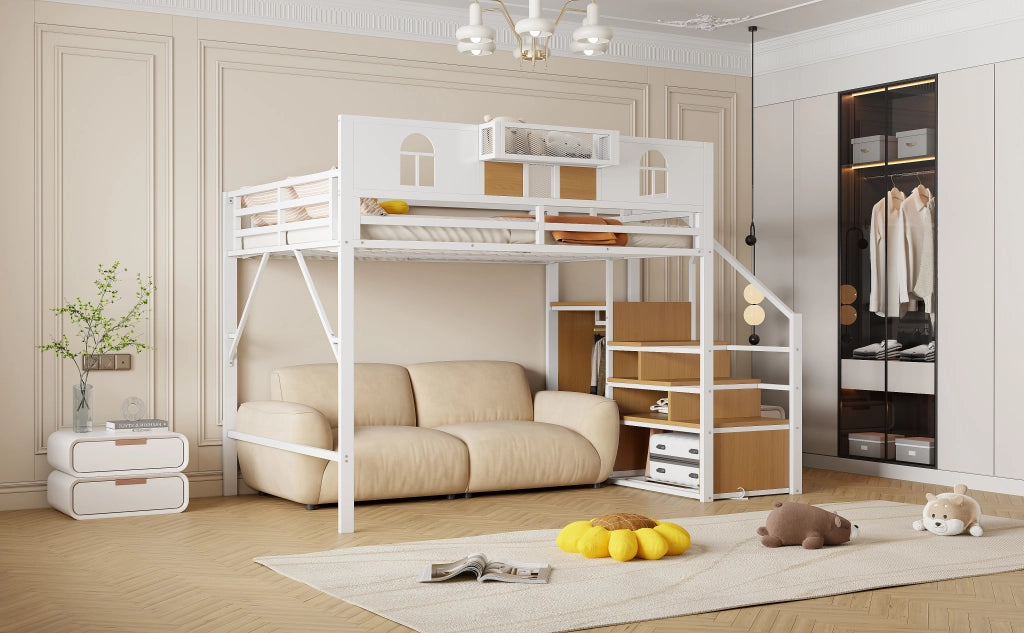 DESMIU Letto a soppalco 2 posti con scala contenitore e mensola, 140 × 200 cm, senza materasso, bianco