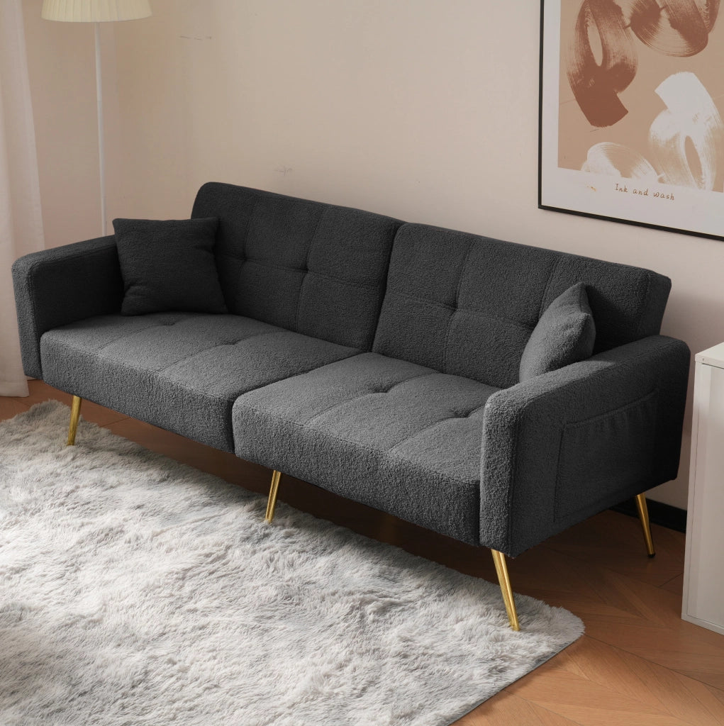 Divano letto 175x64x72 cm reclinabile con tasche laterali in sherpa grigio antico