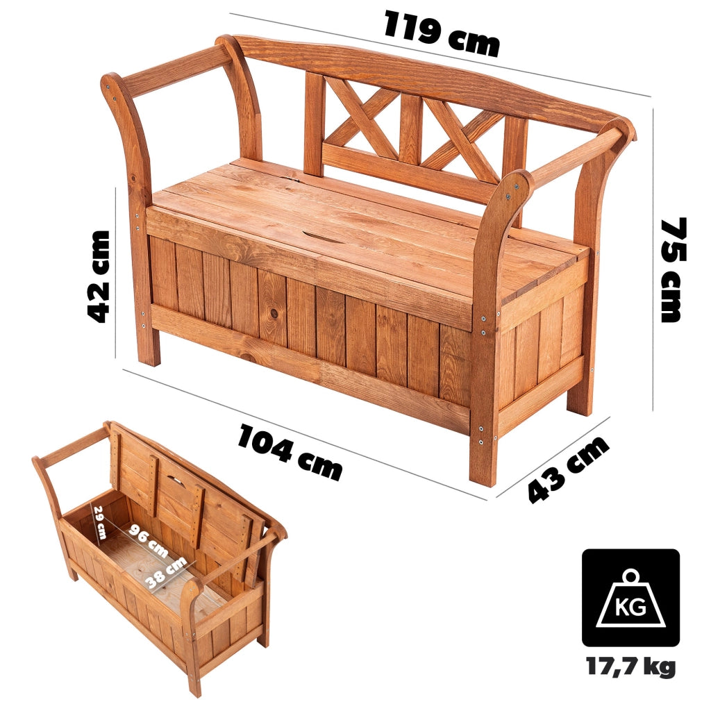 Panchina da giardino in legno KADAX con schienale, 119 cm, per terrazzo, con contenitore in rovere