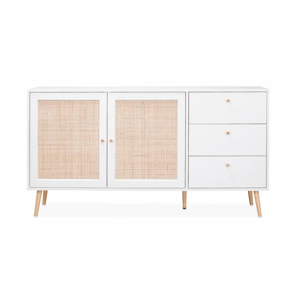 Credenza scandinava a 2 ante in canna, 150cm, bianco sporco
