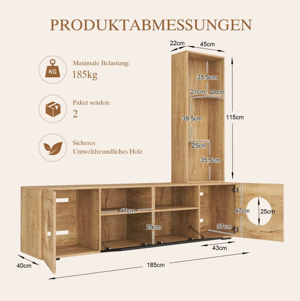 MOBILE TV con Libreria e Area per Gatti 185x40x162 cm Nero e Naturale