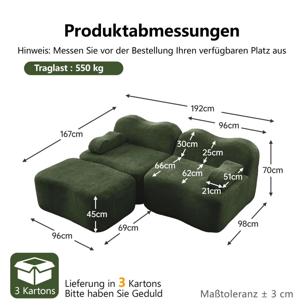 Divano modulare 2 posti con pouf e bracciolo mobile in velluto verde