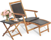Set Sedia a Patio e Tavolo, Poltrona con Poggiapiedi Telescopico Lungo, Mobili da Giardino da Esterno Pieghevole, in Rattan e Legno di Acacia, per Esterni, Giardino, Cortile