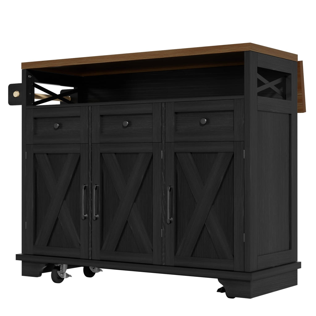 Isola cucina mobile nera con piano pieghevole e ruote