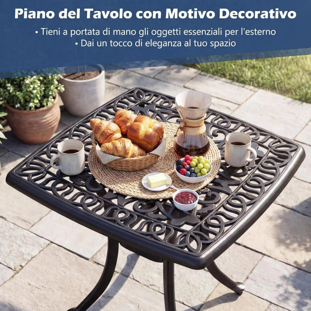 Tavolino da Esterno in Alluminio, con Foro per Ombrellone, Quadrato Antiruggine, per Giardino, Veranda e Balcone, Portata 120 kg