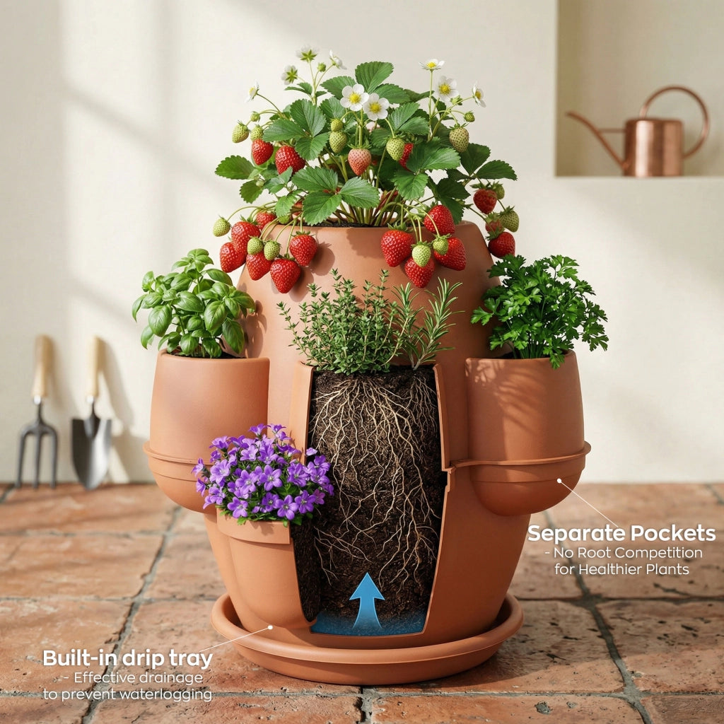 Oasi - Fioriera Da Giardino 80x80x80 Cm Con 6 Tasche Perimetrali E Sottovaso Terracotta