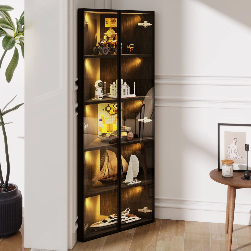 Vetrina angolare con LED 62x35x160 cm in MDF e vetro; nera