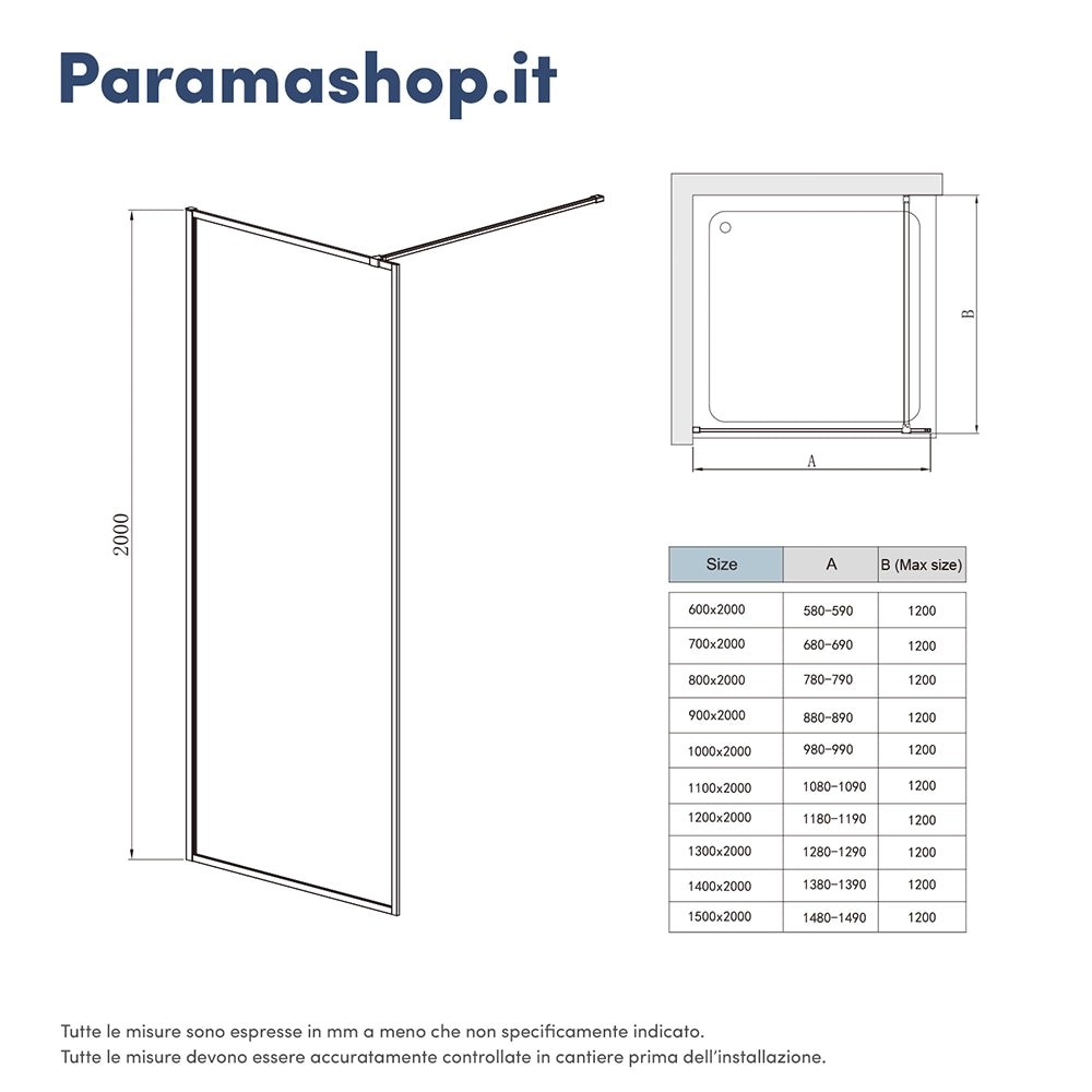 Doccia walk-in full frame 60 cm vetro trasparente profili neri | Rodi