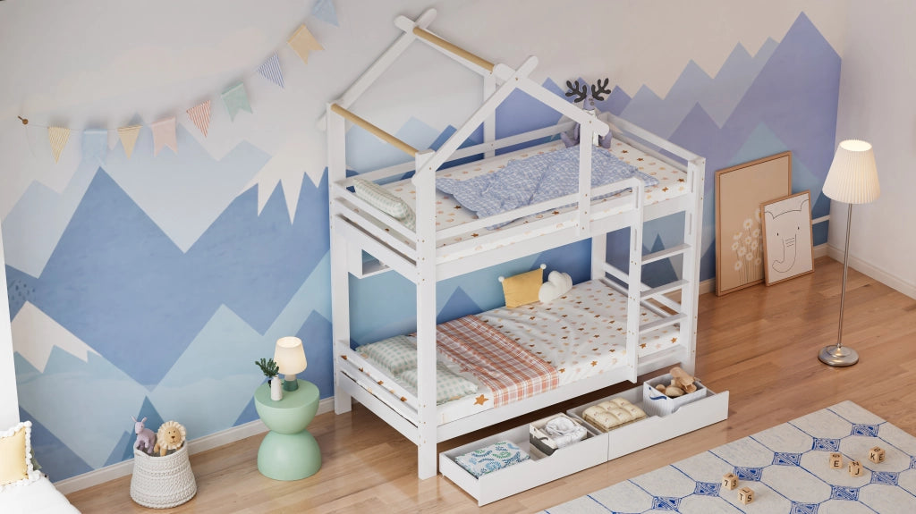 Letto a castello 90 × 200 cm con cassetti, ripiani e scala dritta, senza materasso, in legno, bianco