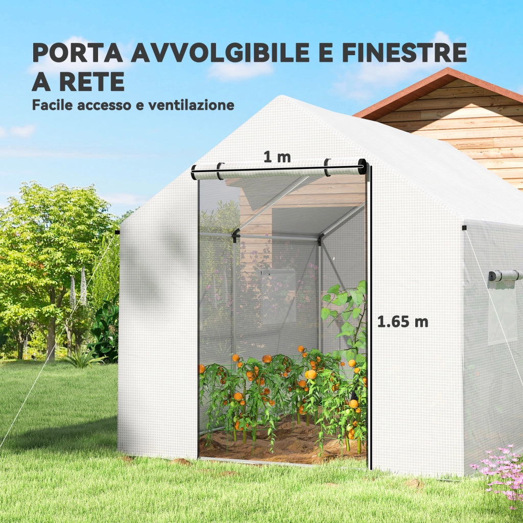 Serra a Tunnel 2x3x2 m con Porte e Finestre Avvolgibili e Tetto a Punta, in Acciaio e PE, Bianco