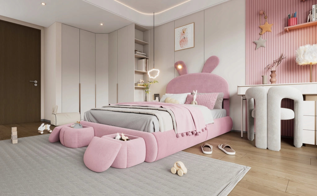 Letto 140x200 - Xylo - Orecchie coniglio LED velluto rosa