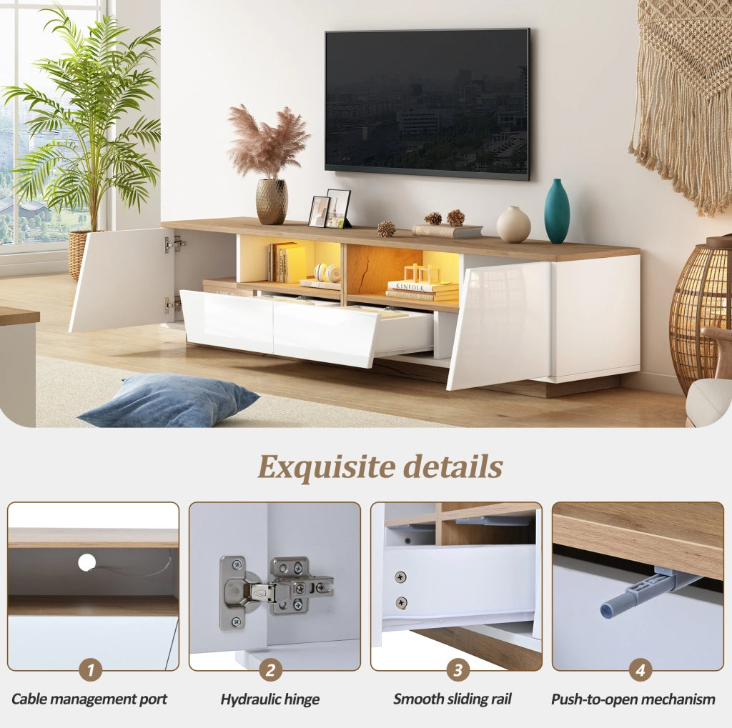 Mobile TV LED 180x40x46 cm bianco e legno con 2 ante e 2 cassetti