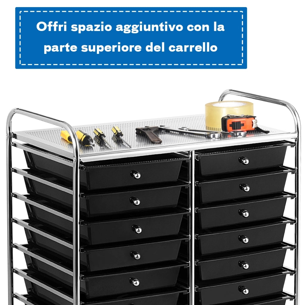 Carrello cassettiera multiuso e leggero con 20 cassetti, Contenitore con ruote per ufficio e casa Nero