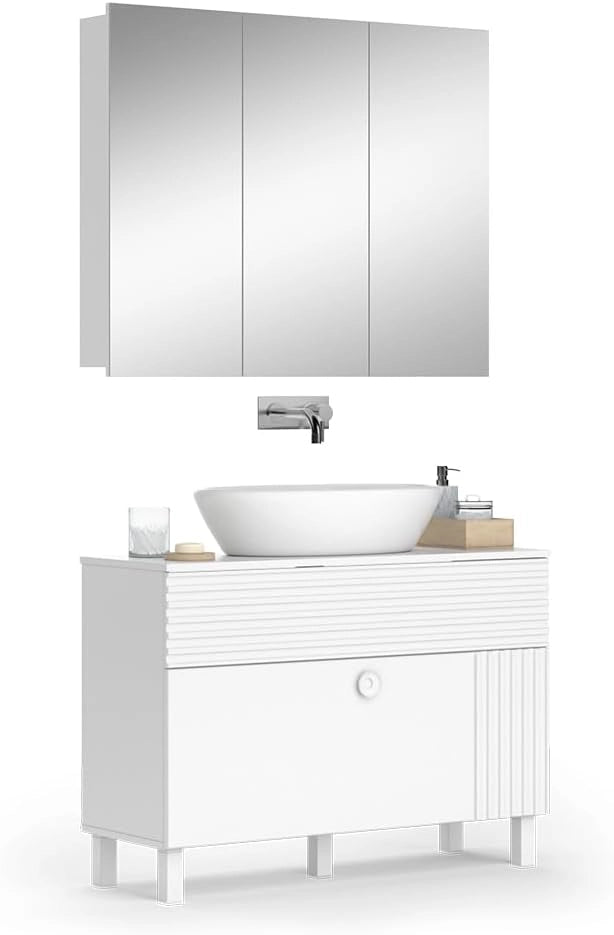 Set di mobili da bagno Sola, Bianco, 100 cm, composto da specchio da bagno e mobile sottolavabo
