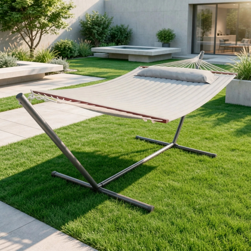 Amaca Matrimoniale Da Esterno Con Supporto Tubolare In Acciaio Tessuto Resistente E Traspirante Perfetta Per Relax In Giardino Veranda Terrazzo Balcone E Piscina 350 x 120 Cm Grigio