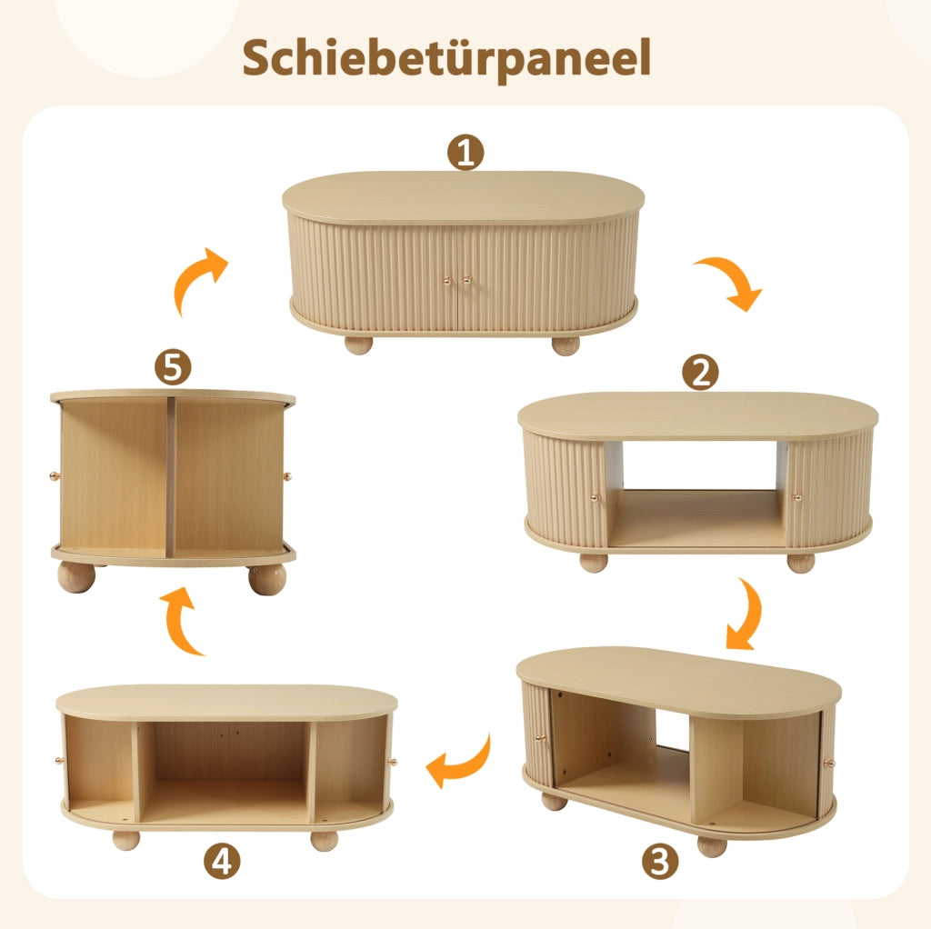 Tavolino da caffè ovale con vano contenitore; ante scorrevoli; 100x50x40 cm; MDF; effetto legno