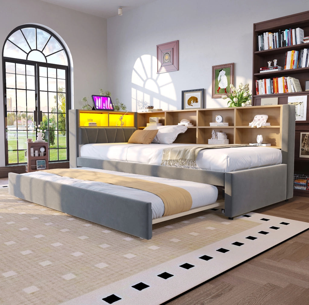 Divano letto singolo con letto estraibile, LED e vani contenitivi