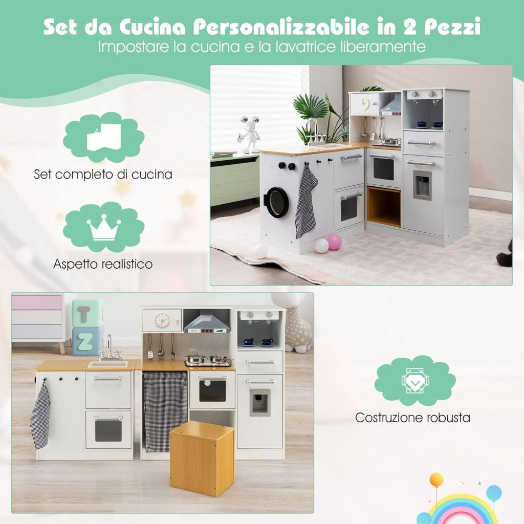Cucina Giocattolo per Bambini, Cucina Legno per Bambini con Lavatrice, Macchina da Caffè, Forno, Microonde, Lavello e Rubinetto, Funzione Luci e Suoni, per Bambini 3+ Anni