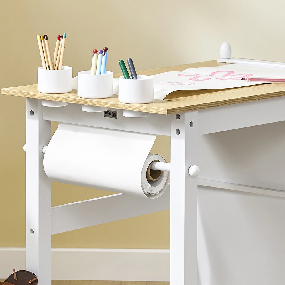 SoBuy Tavolino Bambini con 1 Sedia, Set Tavolo e Sedie per Bambini Multiattività con 2 Ripiani, Tavolo Disegno e Gioco, Sedia Scrivania Cameretta Bianco e Naturale 80x50x66cm KMB60-WN