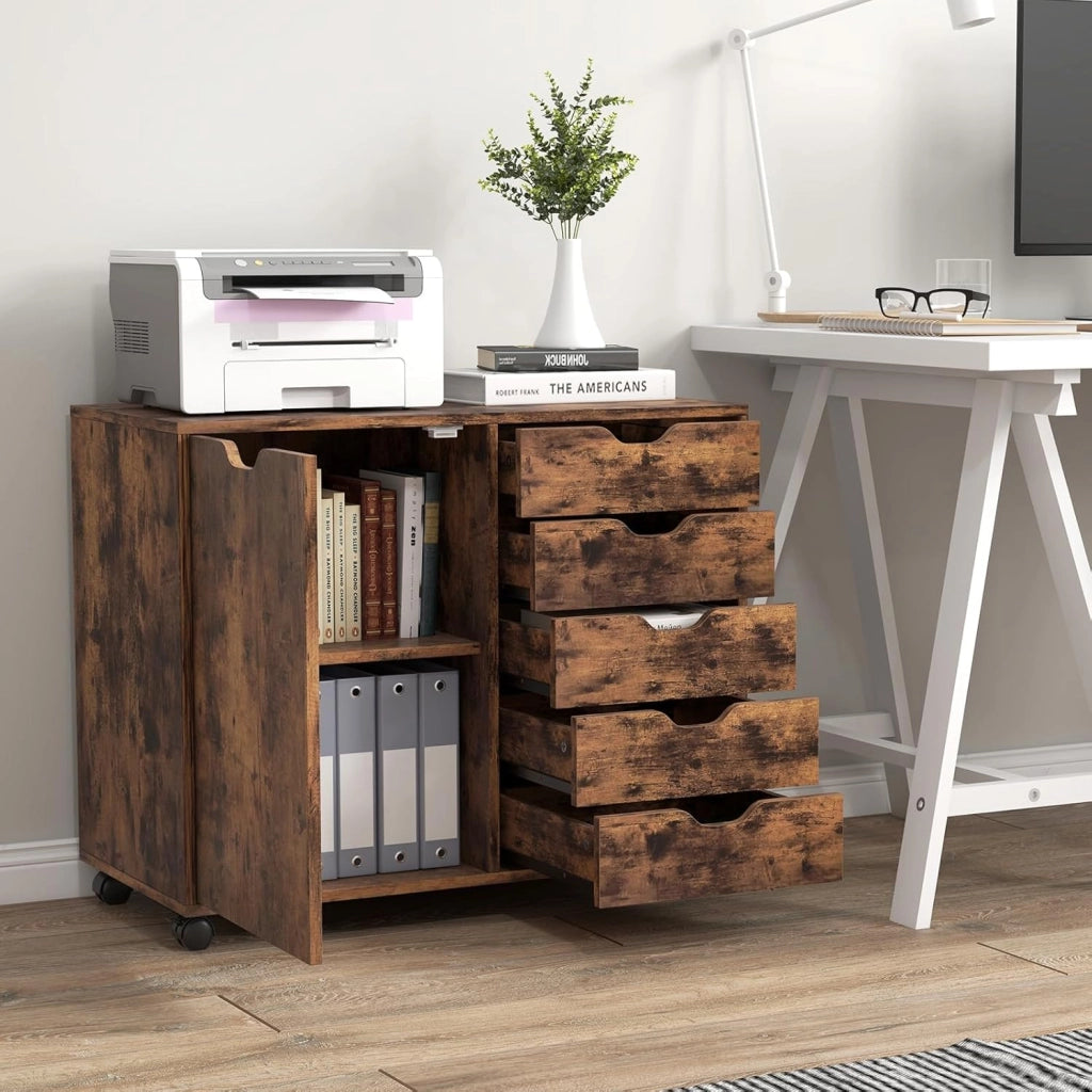 Cassettiera Ufficio con 5 Cassetti, Schedario Portadocumenti con Ruote Universali e Ripaini Regolabili, Mobile Porta Stampante in Legno per Studio, Camera da Letto, 79x39x65 cm (Marrone)