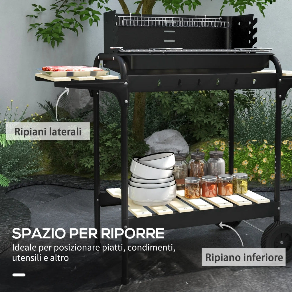 Barbecue a Carbonella 3 Ripiani e Vassoio 103x47x95 cm in Metallo Legno Nera