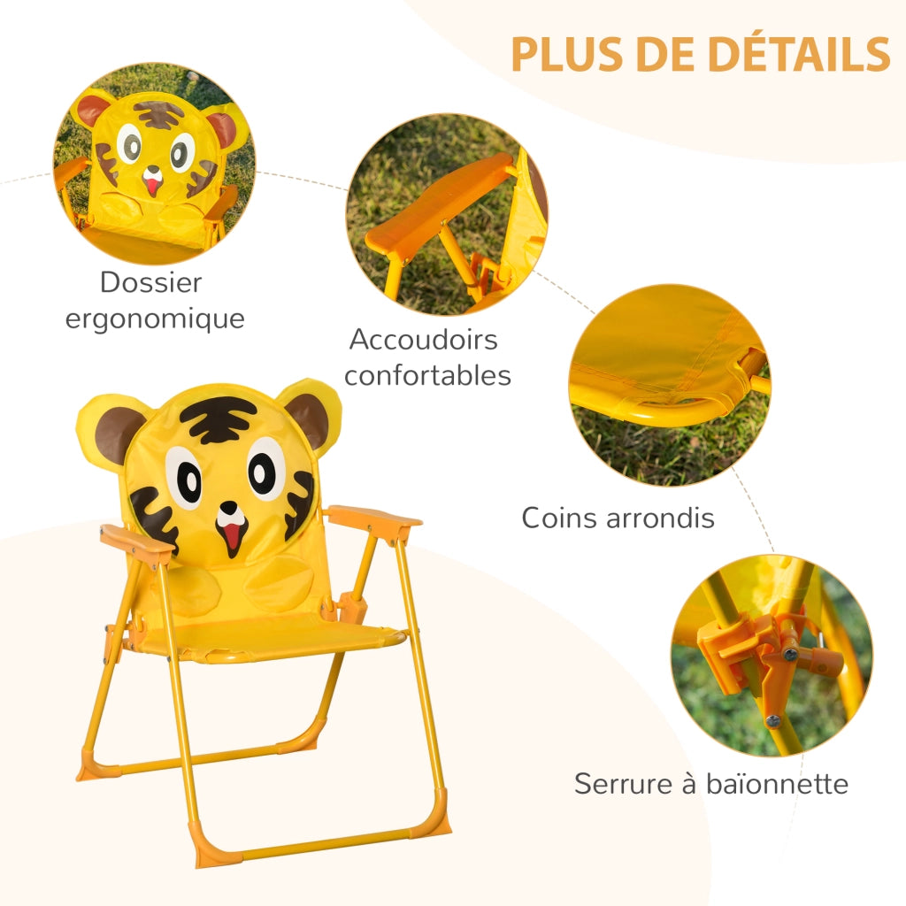 Set Mobili Giardino Bambini 4 pezzi Tigre ¨C Xylo ¨C Tavolo Rotondo 2 Sedie Pieghevoli Parasol Giallo