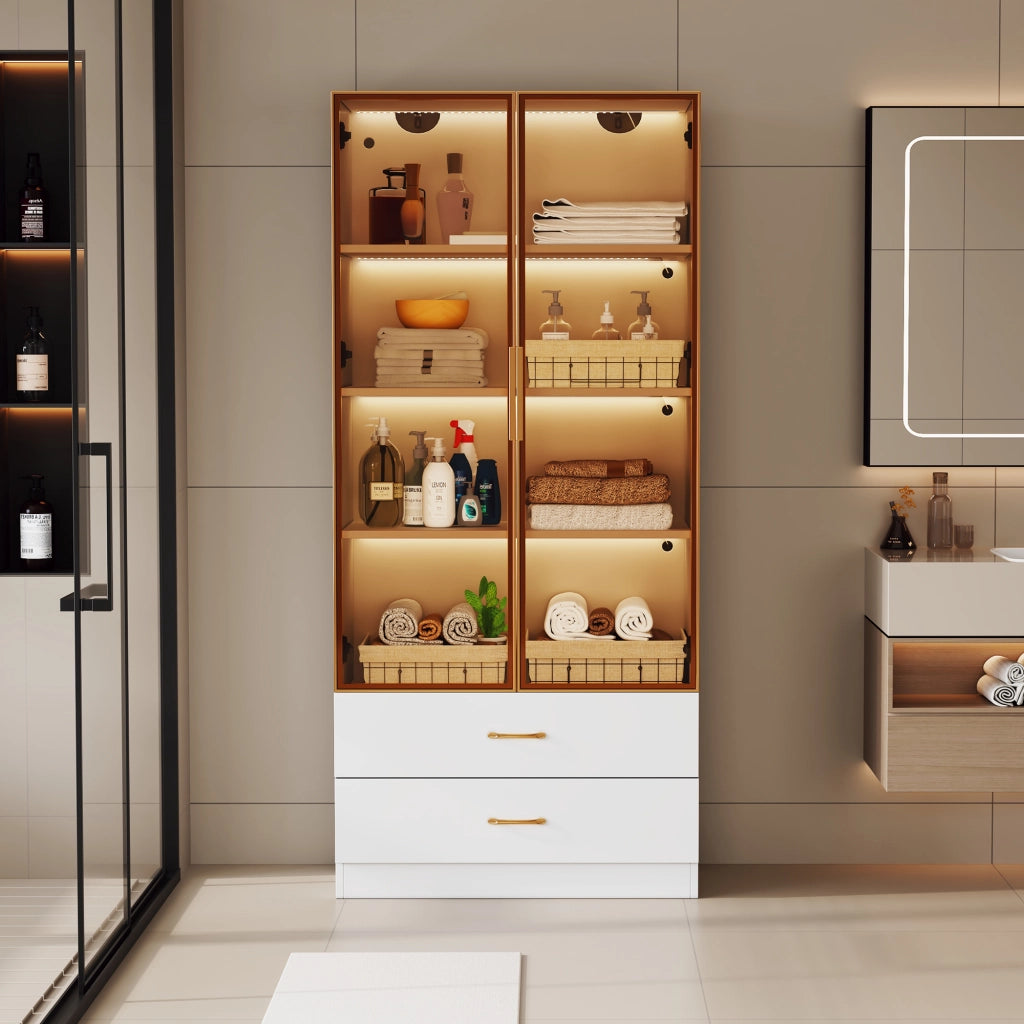 Mobile da bagno alto con vani aperti e chiusi in MDF bianco con vetro temperato