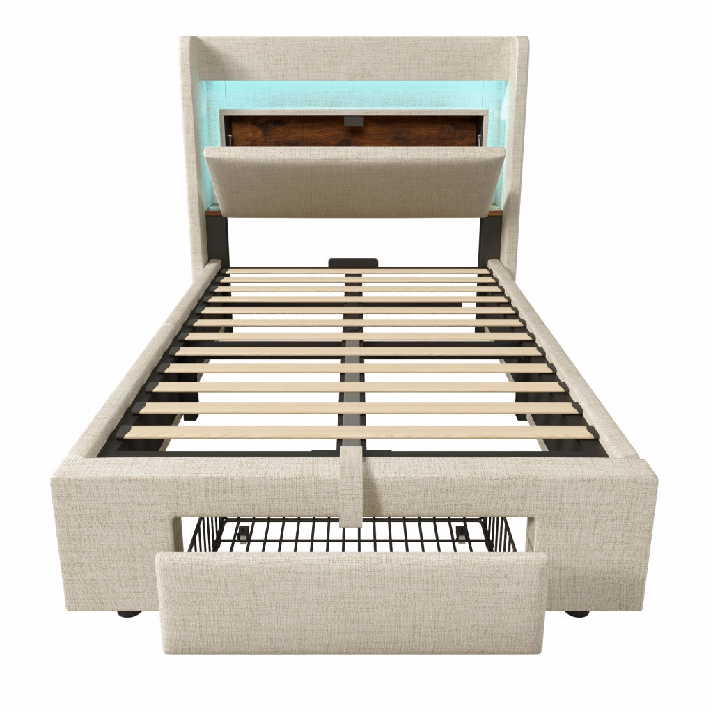 Letto singolo imbottito 90x200 cm con contenitore idraulico; LED e prese USB; lino beige