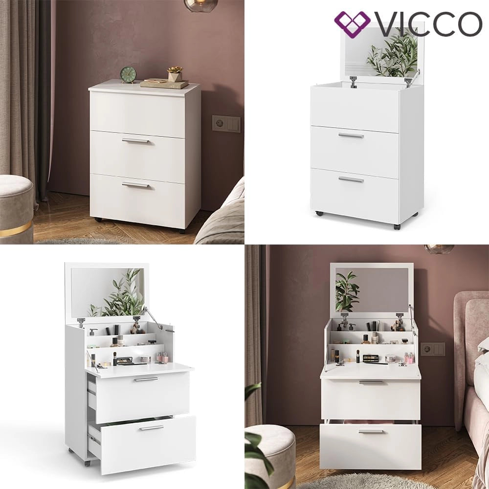 Tavolo da toeletta Hanna, Bianco, 65.8 cm con 2 cassetti, con specchio ribaltabile per l’uso come toeletta o cassettiera