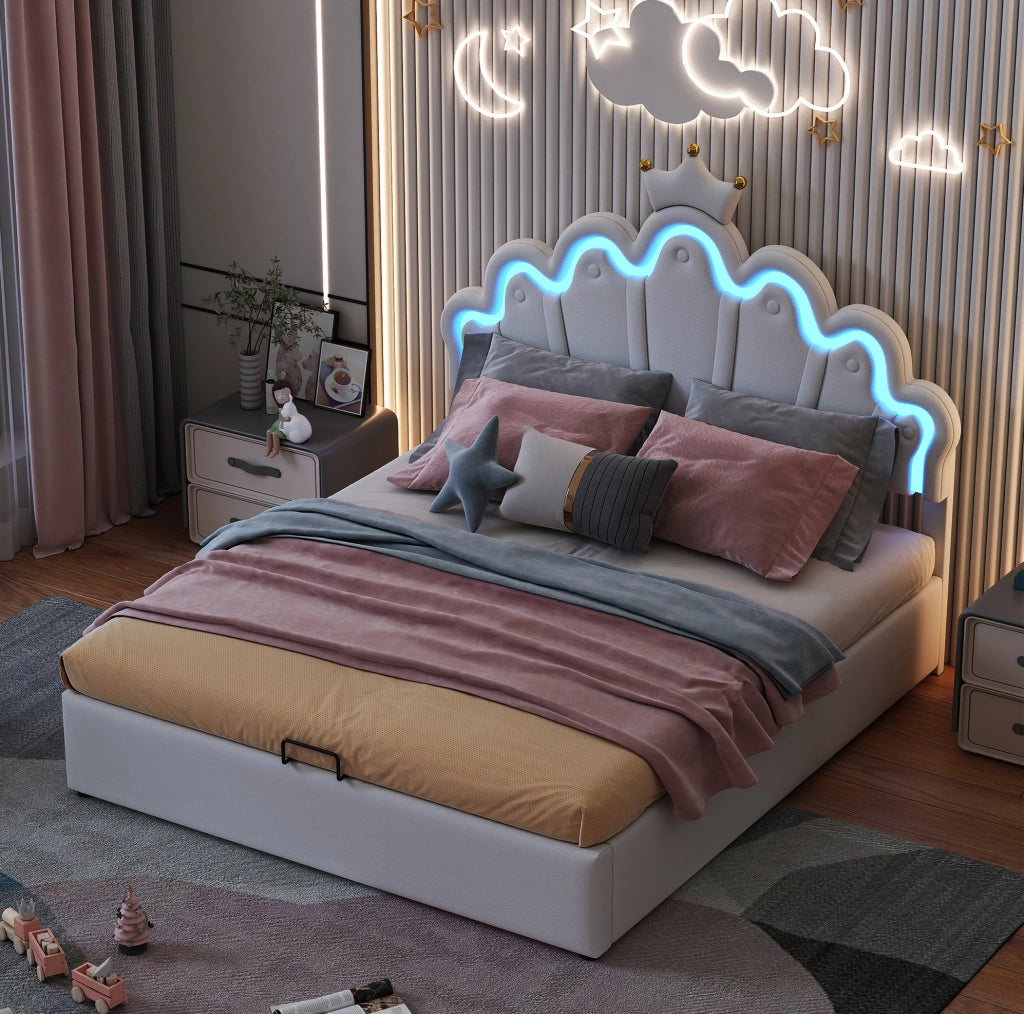 Letto imbottito 140x200 cm con LED e vano contenitore