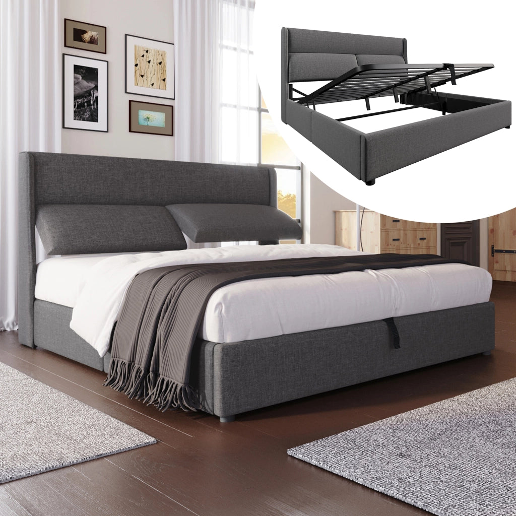 OKWISH Letto Contenitore 140×200 cm, Letto Matrimoniale con Testiera Regolabile, Vano Contenitore e Rete in Metallo, senza Materasso, Lino, Grigio