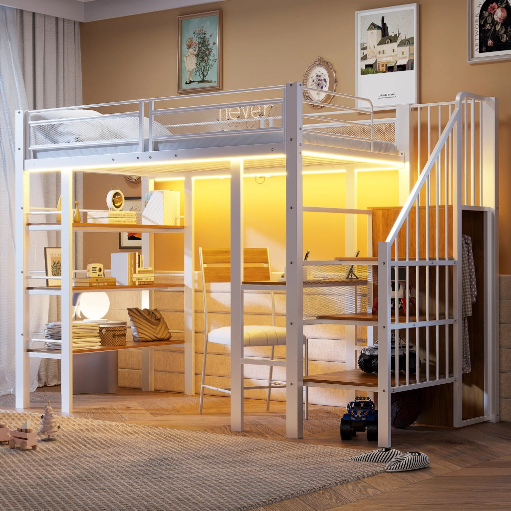 OKWISH Letto A Soppalco 90×200 cm, Letto Singolo con LED, Presa, Scrivania, Mensole e Armadio, senza Materasso, in Metallo, Bianco