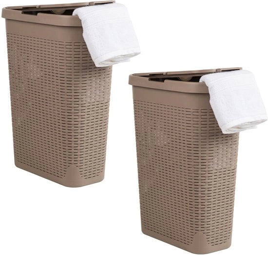 Bacchetta raccoglitrice, design sottile, capacità 40 litri, maniglie ergonomiche, coperchio scorrevole fissato con cuciture, ventilato, 2 pezzi, legno chiaro.