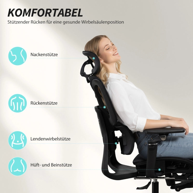Sedia da ufficio ergonomica con supporto lombare e poggiatesta regolabili, braccioli 6D, poggiapiedi in rete nera
