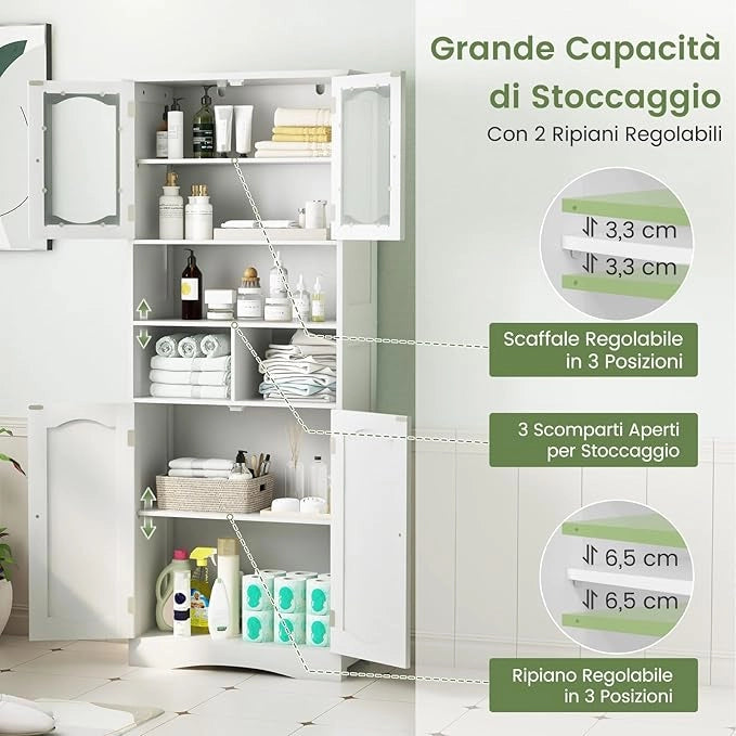 Armadietto Salvaspazio 60 x 30 x 148,5cm, Mobile Bagno con Scomparti Aperti, Scaffafli Regolabili e 2 Porte in Vetro Temprato, Armadio da Bagno per Ufficio, Soggiorno e Camera da Letto, Bianco