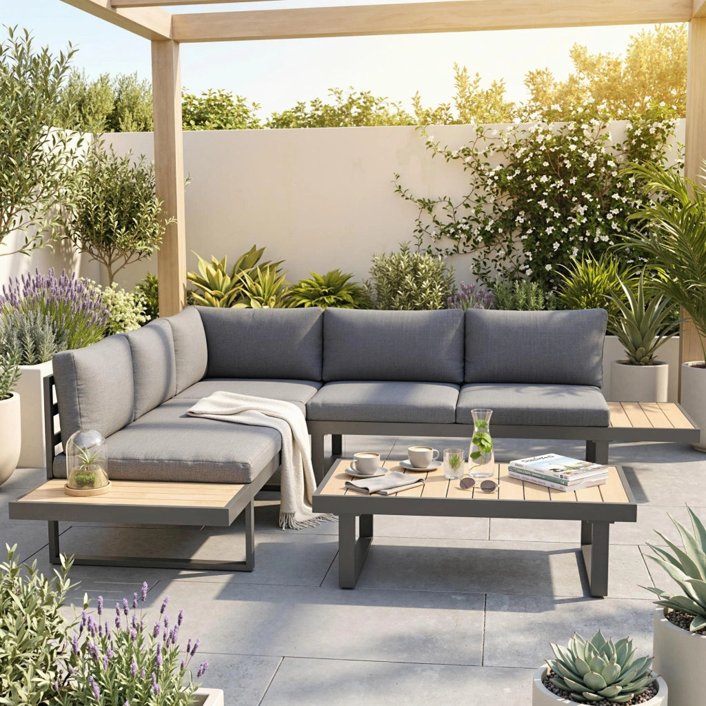 Set da Giardino 4 Pezzi in Alluminio con Divanetti, Poltrona Angolare e Tavolino ¨C zephmum ¨C Grigio e Teak