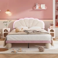 Letto imbottito con strisce luminose multicolore e testiera ondulata, senza materasso, 140×200 cm, Bianco+Rosa