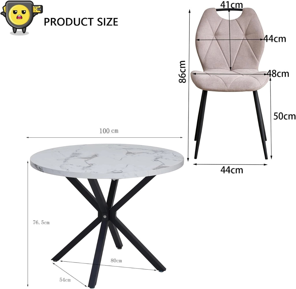 GrandCA HOME Set da 5 Pezzi Tavolo e Sedie da Pranzo, Tavolo Rotondo da 100 cm con 4 Sedie Imbottite Moderne, Adatto Per Sale da Pranzo e Cucine Soggiorno (Motivo Marmo+ Beige)