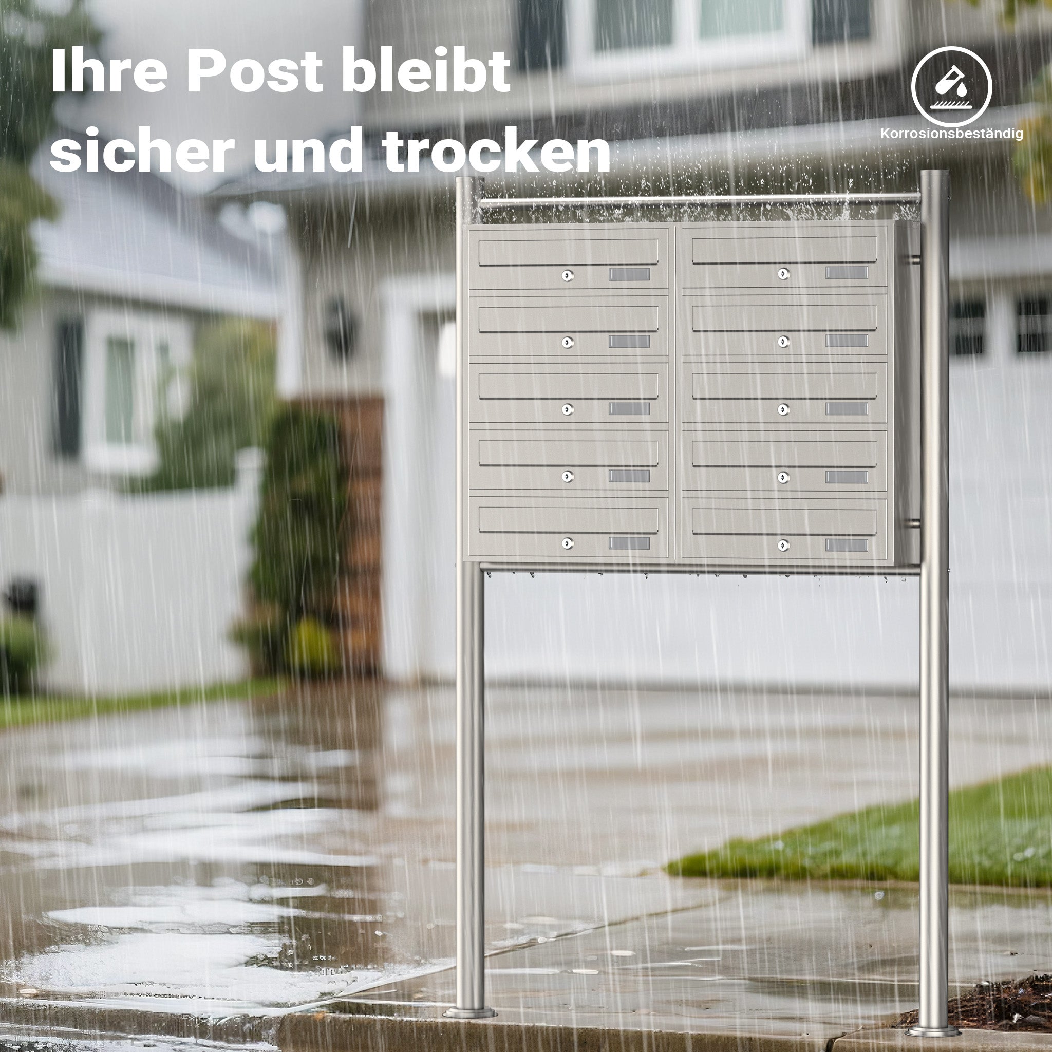 Cassetta postale condominiale autoportante, 10 posti, acciaio inox, 945 x 270 x 1500 mm, 2 moduli