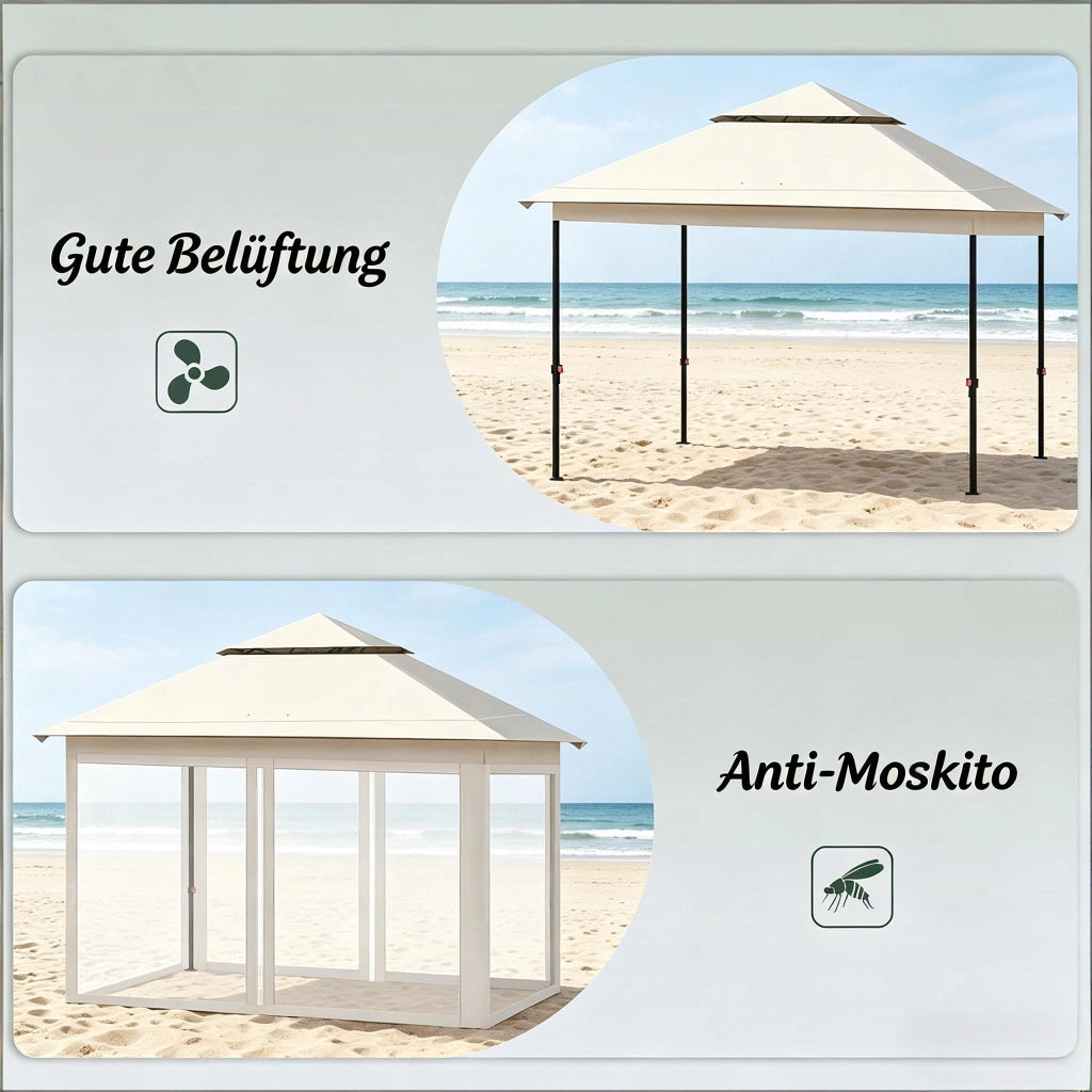 Gazebo Pieghevole da Esterno 3 x 3 m Beige Struttura in Ferro Tessuto Oxford Protezione Ombra Ventilazione